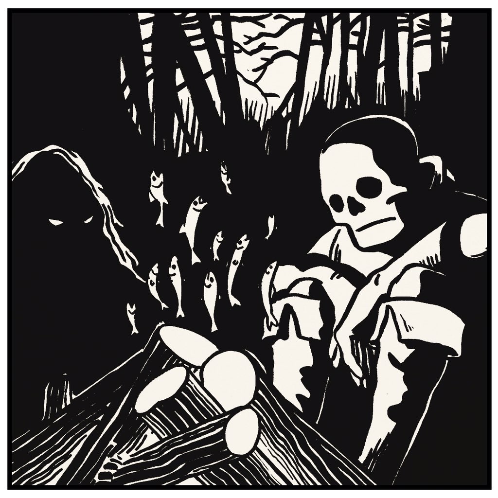 Woodcut drawing of a skeleton and a swamp monster sitting by a campfire in the woods. The flames rising from the logs are in the shape of small fish.