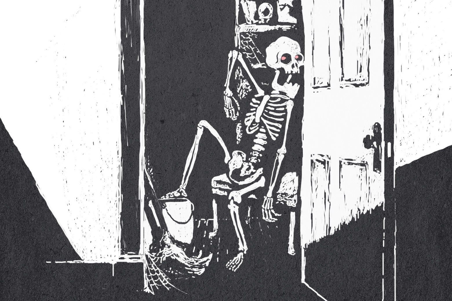 A woodcut drawing of a skeleton with red glowing eyes, lounging in a cobwebby closet next to a pail and mop