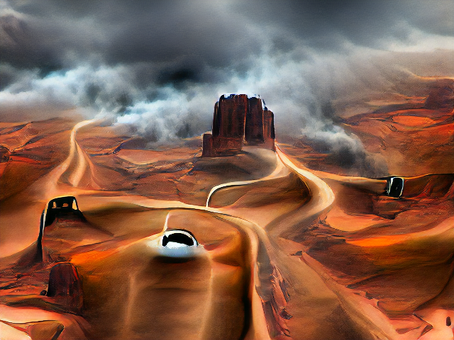 Clearly an aerial view of a red landscape in monument valley, with an iconic butte jutting dramatically in front of streams of mist. The road is still a weirdly twisted ribbon and the cars are gray and black shiny lumps.