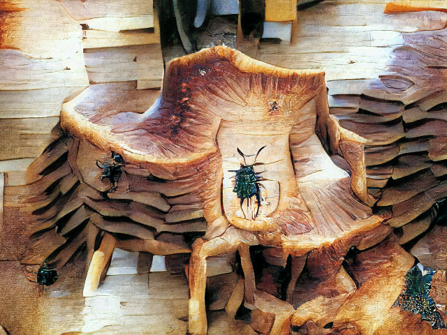 Emerging from a messy wooden plank wall is a chair-sized layered shape with a bunch of confusing legs, one arm, and oh yes three large green-black beetles.