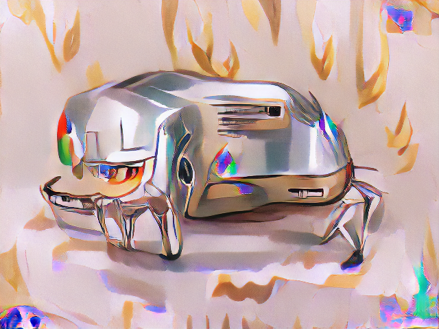 A very shiny definitely metallic object with approximately the aspect ratio of a toaster but with one end twisted around to face the viewer. The shiny edges of the toaster have the colors and patterns of the google chrome logo reflected in them.