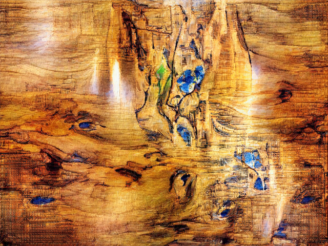 A glossy wooden surface with a few knots of deep blue and green.