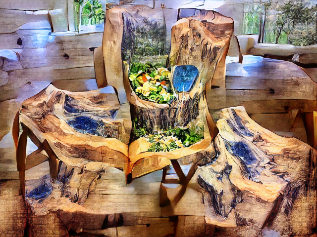 A wooden floor with vague forest beyond. A chair is merged with a coffee table and a canvas showing a painting of woods and… maybe a salad?