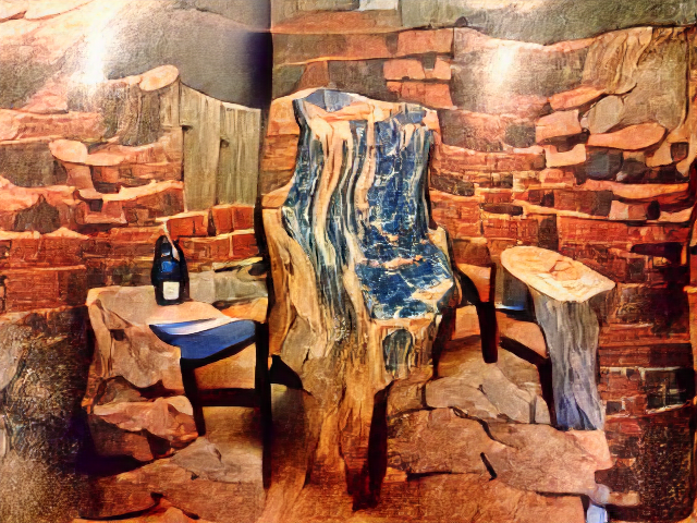 There appears to be a blue bottle on a blue end table, and another end table made out of a stump. Lounging between the two is a chair made of a waterfall of golden-streaked blue wood. The chair might have a leg or two, but you can’t sit on it.