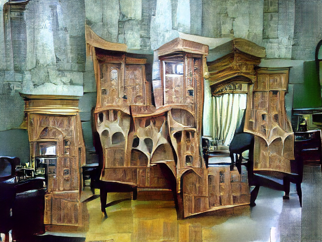  A stone room containing a wooden cabinet about 2 meters tall and 4 meters wide, with many sets of doors, a fancy cabinet top, and generally confusing geometry.