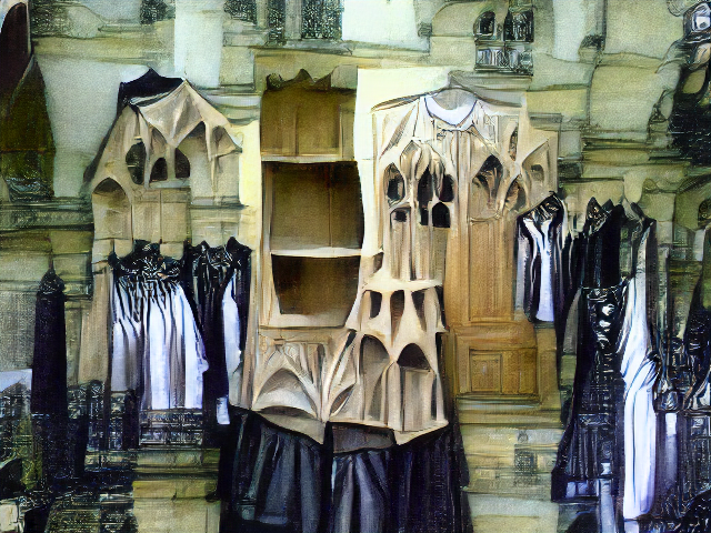 A stone room with webbed structures somewhat resembling certain vaulted gothic ceilings, and hung with black and white pleated garments.