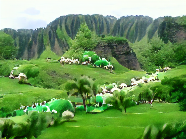 Deeply eroded green cliffs rise above some grass-topped mesas. The sheep are oversaturated but flowing down a tree-lined stream.