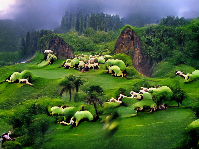 Near photorealistic red cliffs and jungle textures in the background, growing more vague in the foreground. Green lumps look like hunched-over humans with legs and arms protruding.