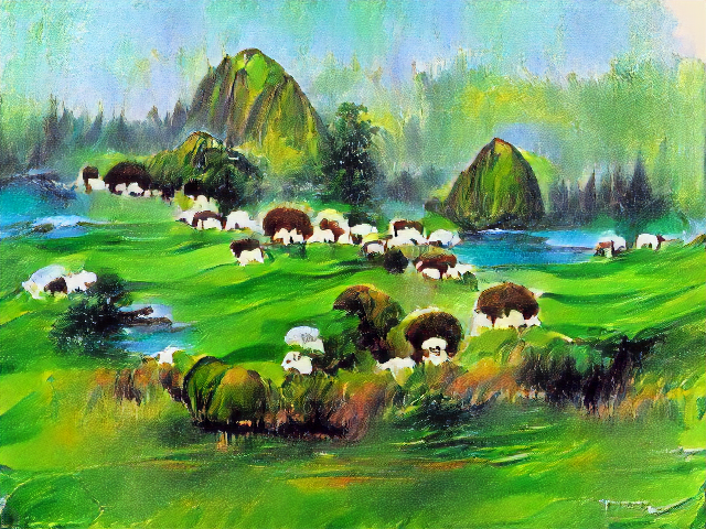 Steep domed mountains rise from among lakes and happy little trees. The white sheep lumps are there, but they're all wearing brown afros.