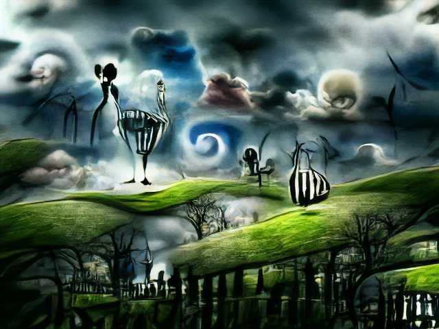 Skeletal trees, dark picket fences, and swirling, brooding mist. There's some stringy striped beings standing on floating ribbons of grass.