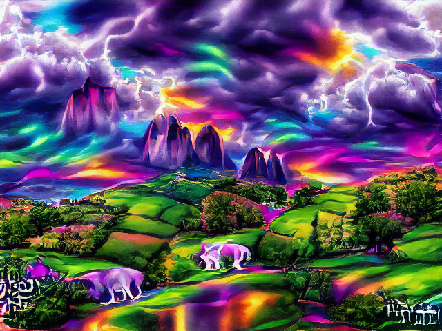 A mostly purple sky is shot with lightning and rainbows, which are beginning to devour a gemlike purple mountain range. There's an area of fairly normal patchwork fields, but in the foreground is a rainbow lake whose shores are occupied by field-sized purple tentacled areas, beginning to bleed into the water.