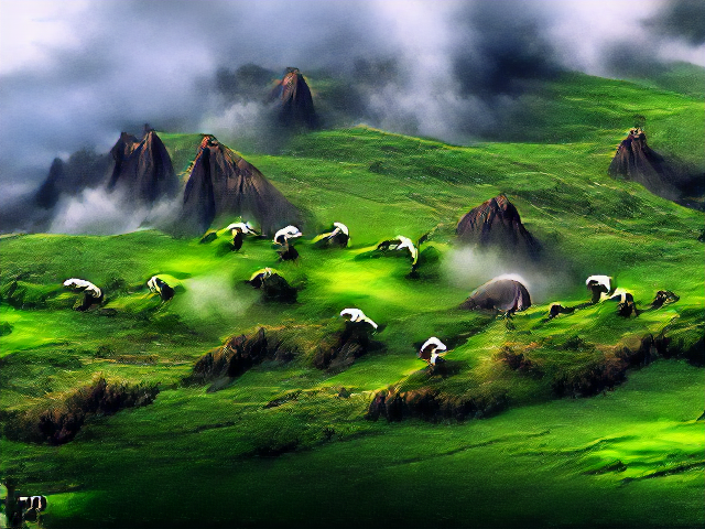 Clumps of mist scatter a mountainous and dramatically lit landscape. Pointed mountains ar picked out by glimmers of sun, which also tods verdant meadows in places. There are white lumps that might be sheep, but they're building-sized and irregulary shaped. One looks like a kaiju armadillo.