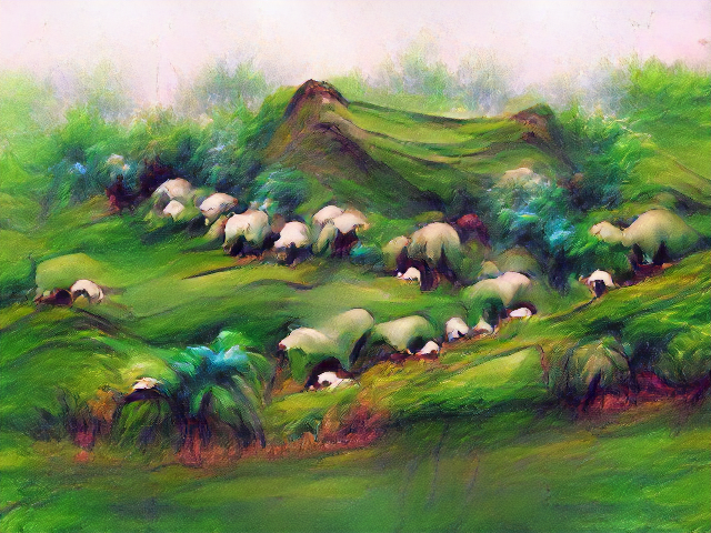 There's an oversaturated pastel look to the landscape, with everything in soft focus and brushstrokes clearly visible. The sheep are indistinct white lumps sheltering beneath much larger white folds of the landscape.