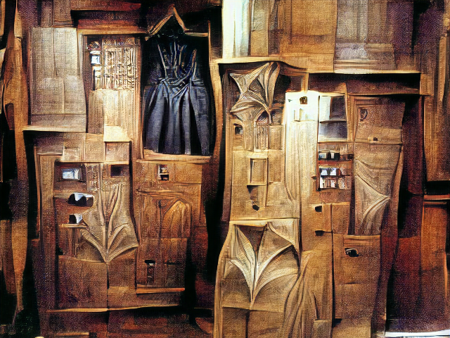 A complicated wooden structure with drawers and compartments and weird pleated areas, containing a single black dress.