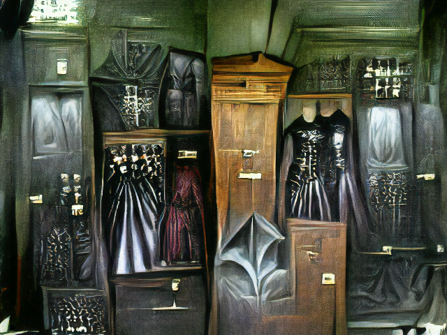 An organized closet full of black flowing dresses with deep pleats and leather in a stone room.