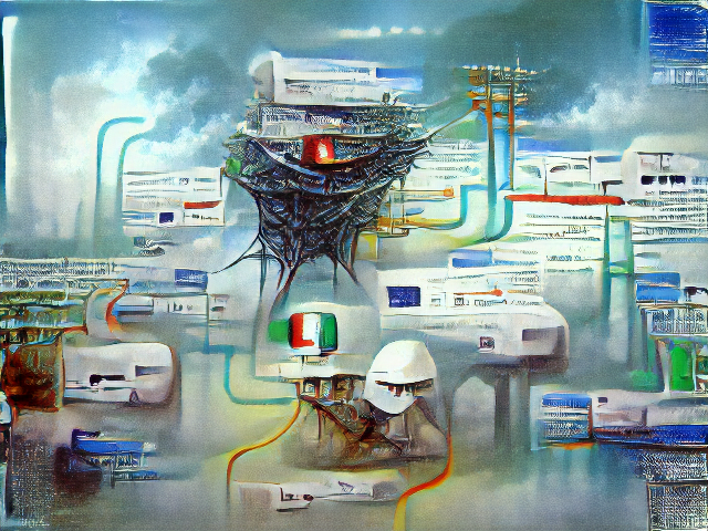 Airy with diffuse clouds, and telephone wires. Primary colored pipes snake between white areas that look like websites, and hovering above it all is a thick nest of cables from which glows a single red light.