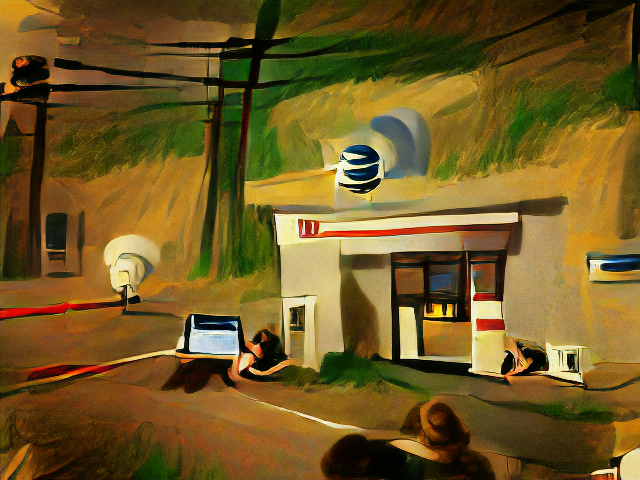 A gas station like storefront on a dramatically lit prairie landscape beneath power lines. The AT&T logo floats above the door of the gas station.