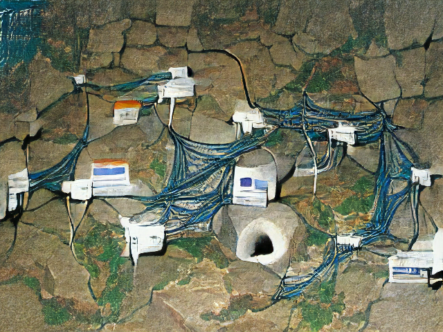 A greyish picture of rocks with dripping white webpages connected by blue weblike cables, and an ominous porcelain hole.