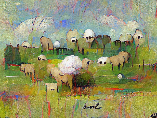 Very abstract with pastel skies and yellow-green pasture. One area is fluffy enough to be a sheep; other areas are more like small spheres or squares but have two black eyes.