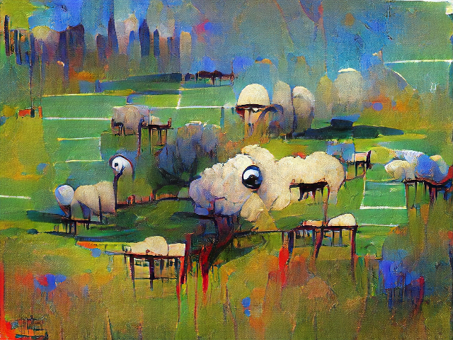 Deep saturated colors and contrasts. The sheep are in a park beneath city skyscrapers and are only sheep if you don’t look at them closely at all. One area of fluff has a shiny metallic ball for a head. The others have dripping black hatchmarks for legs.