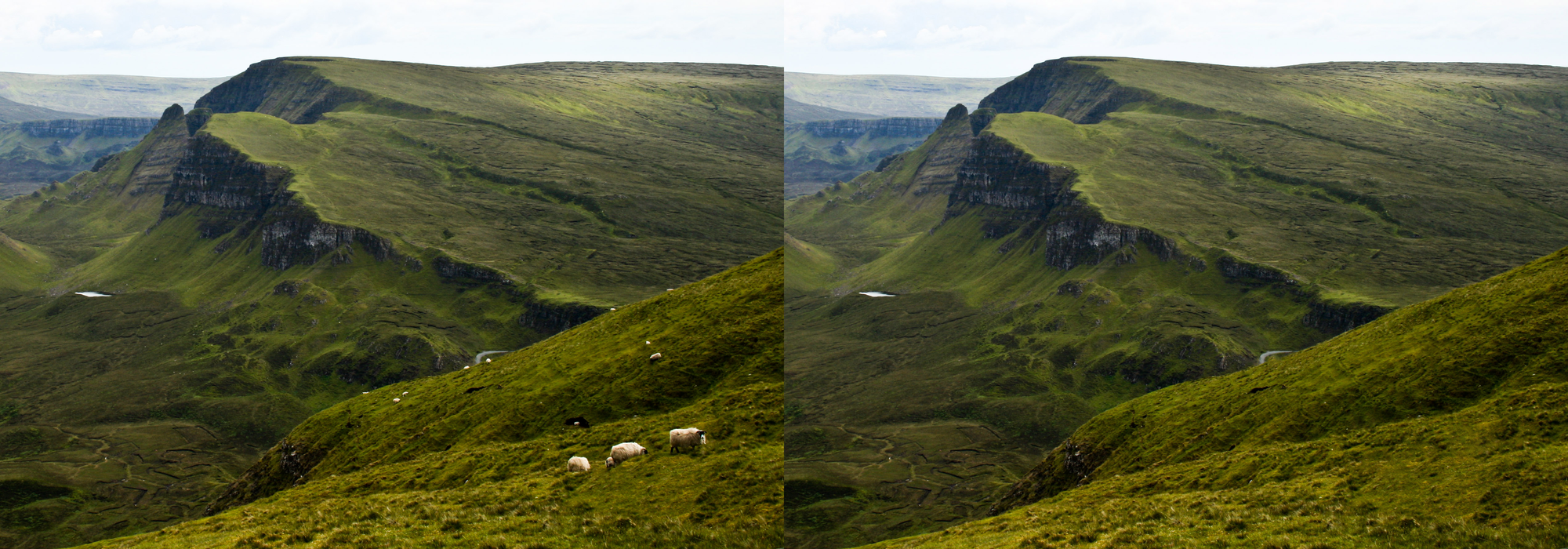 Left: a landscape on the Isle of Skye, with sheep grazing in the foreground and midground. Right: the same landscape, but without sheep.