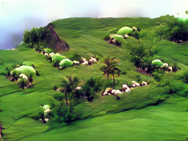 A flatly illuminated green clifftop with low shrubs and palm trees. The sheep are either white-green car-sized lumps or smaller popcorn huddles.