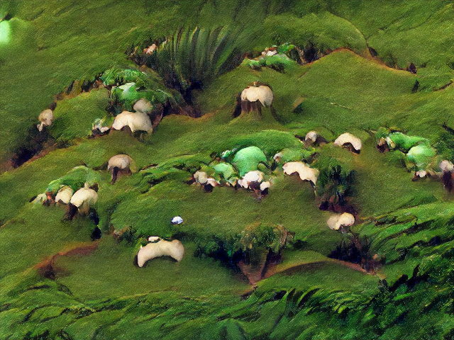 A mossy hillocky slope with weird leafy cracks and flaps. The sheep are very molar-like in color and texture.