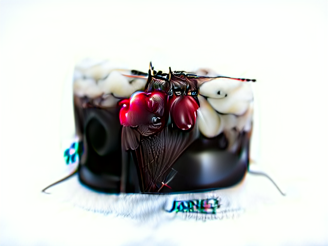 A chocolate mousse with thick lumpy white frosting, and three highly distorted cherries dripping from chocolate leaves. The cake has two thin black tendrils for some reason.