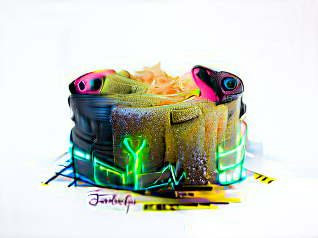 All the textures of the cake are complicated. There are neon lights, caution tape, some neon pink camera eyes, a green scaly area, a pile of peach-colored roses or maybe cellophane, a small pile of lint.