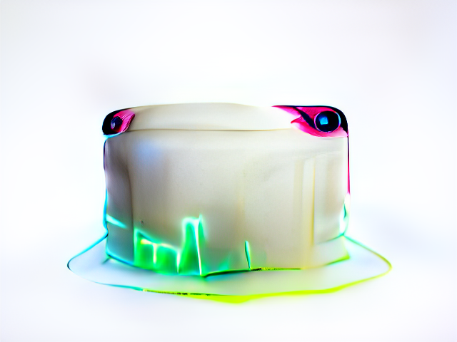 A shiny white cake with wide-set salamander-like eyes. The bottom of the cake crackles with a neon glow.