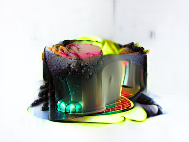 It’s the size and shape of cake but now has a shiny red hallways swooping through one side. Three turquoise bulbs glow out of the dark side of the cake, and the top is filled with magenta and fluorescent yellow snacks, maybe.