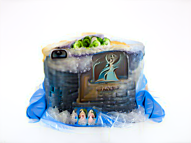 Blue bricks and cellophane, festooned with a few tiny people in fairy-queen ball gowns. A pile of brussels sprouts sits on top of the tree, and one rectangular viewfinder window seems to look out of the cake.