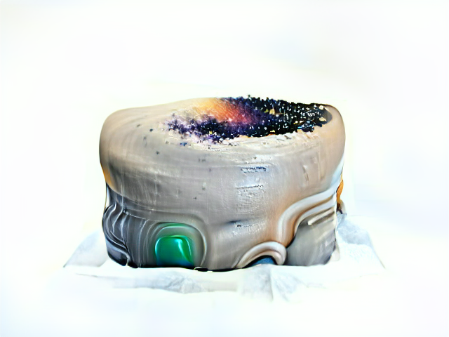 The cake is covered in a sagging marshmallowy coating that might once have had sleek robotic curves. It’s vaguely peach-colored as if lightly toasted or faintly stained. Nebula colored crystals cover part of the top of the cake.