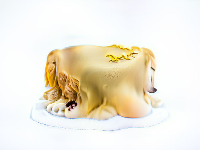 Golden fondant droops over a hairy cake with paws. At one corner of the cake, there are a few sprigs of gold leaf.