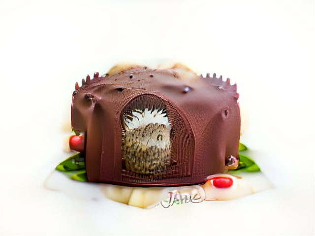 Thick brown frosting speckled with eyeballs and blunt spikes. From a doorway at the center a realistic hedgehog-textured animal appears to stand facing sideways.