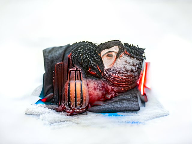 All in black and red, with a red lightsaber glowing at one side and kylo ren’s eye peeking out from a pile of what appears to be dragonskin and viscera.