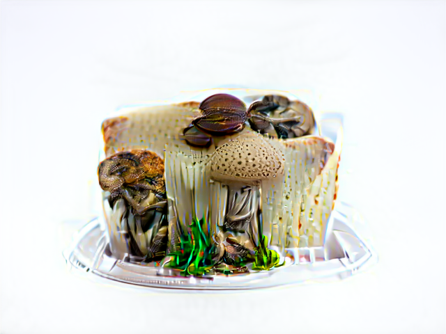 A cake constructed mostly of ribbon mushrooms from with other brown mushrooms, and a few tufts of green grass, emerge.