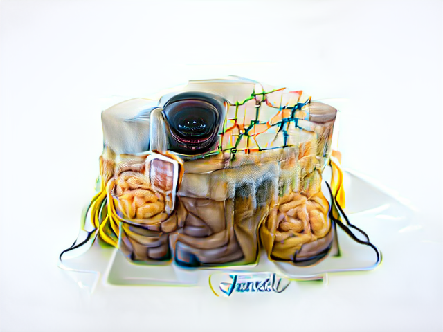 A pile of brains and viscera is topped by a road map and a glistening camera eye. Wirelike tendrils trail from either side of the cake.