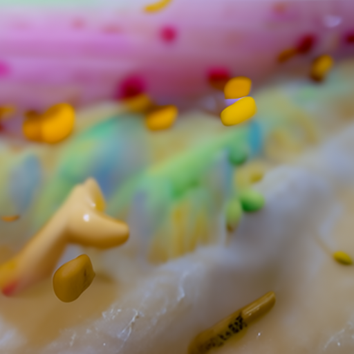 Shiny yellow beans in front of a plasticky rainbow background in indistinct shapes. It could be an extreme closeup of a very ugly cake.