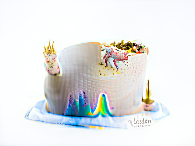 A scaly white cake. Vivid rainbow colors peek from the bottom as if from behind a curtain; in other areas tutti futti colored bits of cake erupt from the frosting, bristling with golden horns.