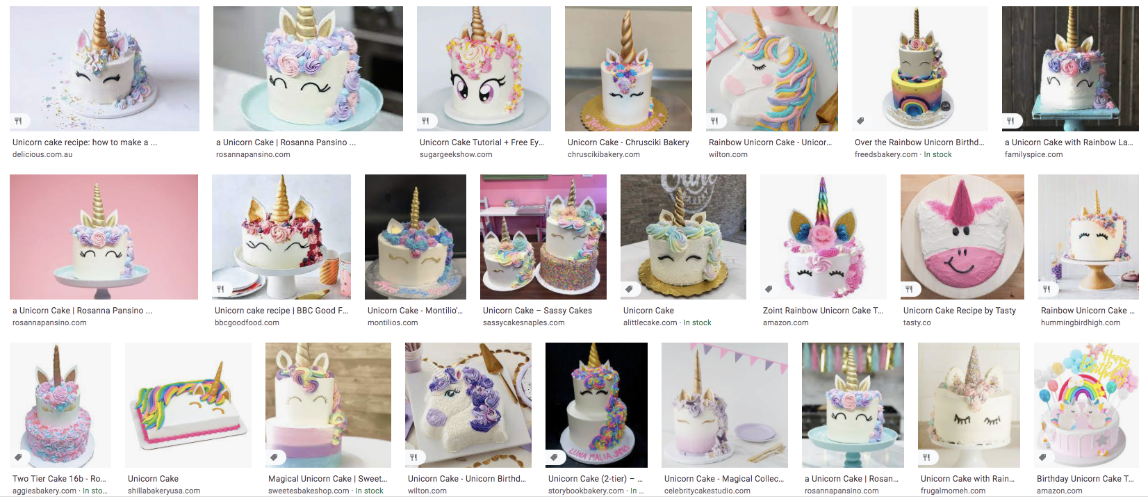 Google search results for a unicorn cake, showing mostly white cakes with a horn on top and two cartoon eyes in front, plus rainbow mane and pointed ears.