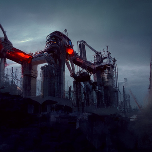 A shadowy dark shape like an oil refinery rises from the darkness, glowing red in places. The girders and catwalks are visible.