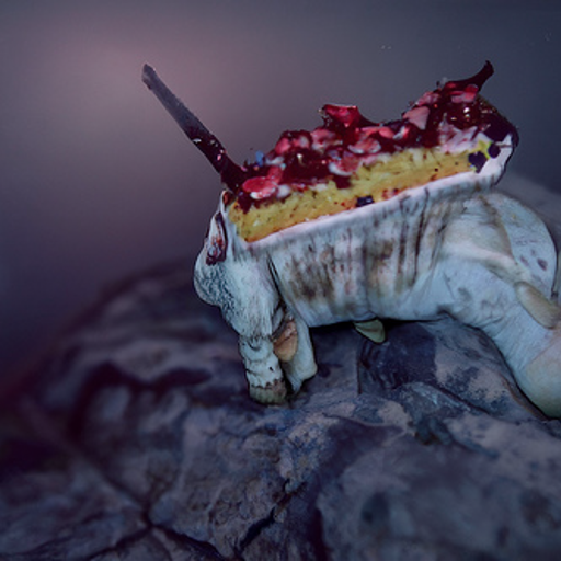 A dirty ceramic bowl with two unicorn feet, filled with cake topped with chopped cherries.