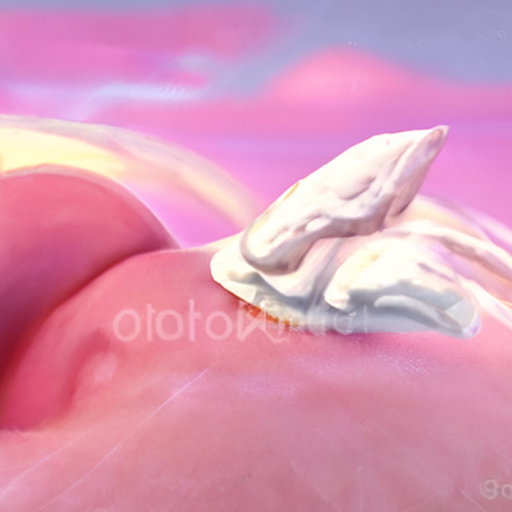 A landscape of lumpy pink frosting topped by a white earlike shape, maybe made of frosting. A faint watermark says something like “ororoi”