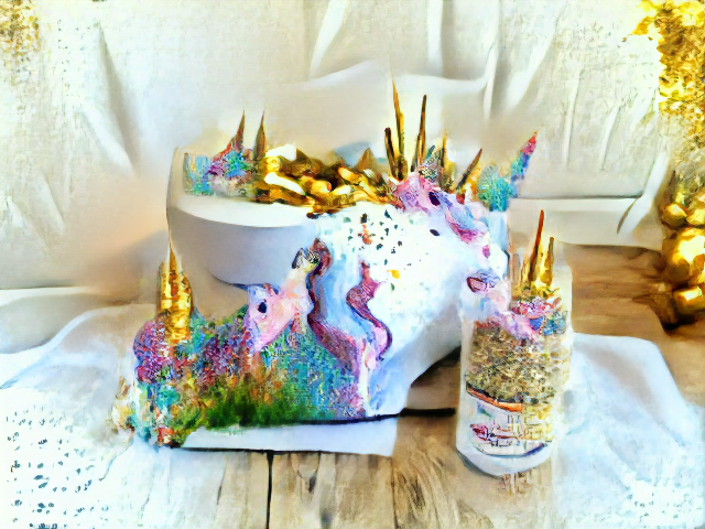 A cake sits on a wooden floor next to a glass full of unfrosted cake. Rainbow frosting gardens and gleaming golden horns are scatterd across the cake. There is a unicorn face emerging from the side of the cake and beginning to eat from the glass.