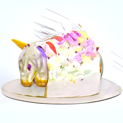 A hideous white cake with a hint of a unicorn face with melting frosting and melting purple eyes, and a foot that looks a lot like a cake. Long silver needles pierce the top of the cake.