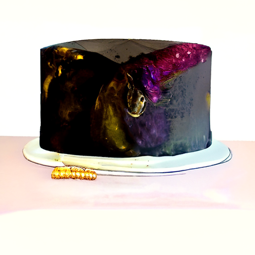 A black cake with galaxy textures and a hint of a unicorn’s face. The golden horn is lying beside the cake, looking a bit like a row of sweet corn.
