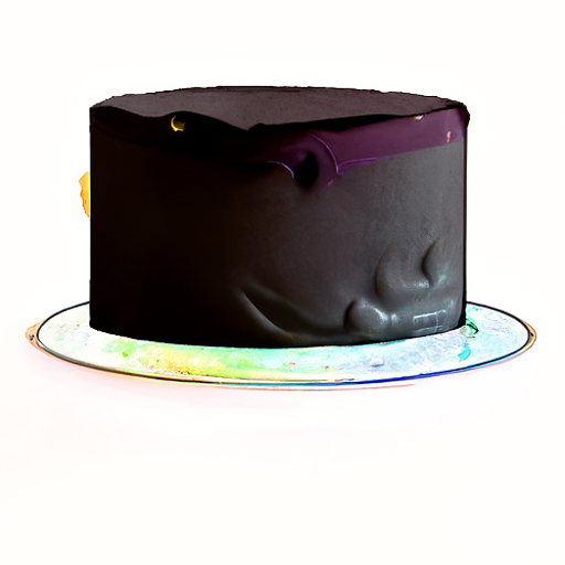 A black cake on a rainbow-sprinkled cake. Embossed in one side of the cake is a shape like a cartoon toaster head with two wild pigtails.