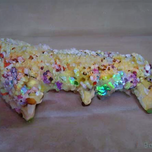 An irregular lump of cake studded with holographic sprinkles and looking like someone has squeezed it in their fist