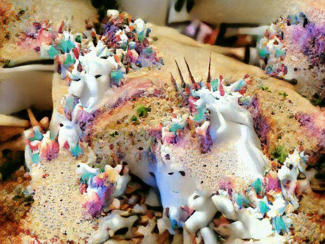 A room is filled with piles of funfetti cake from which jumbles of white limbs and horns erupt.